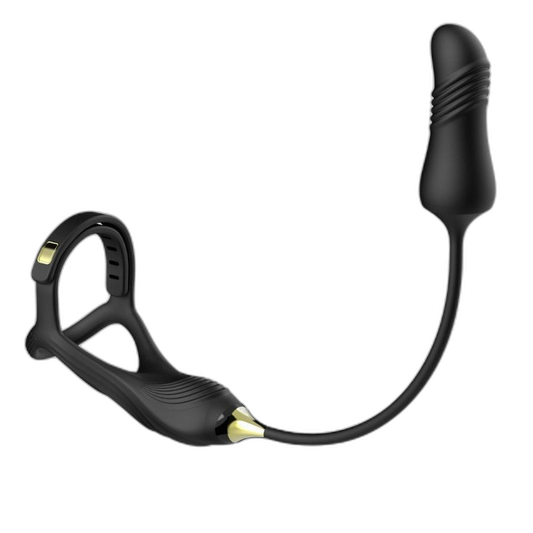 Command 3 in 1 Vibrating Cock and Ball Sling with Thrusting Butt Plug