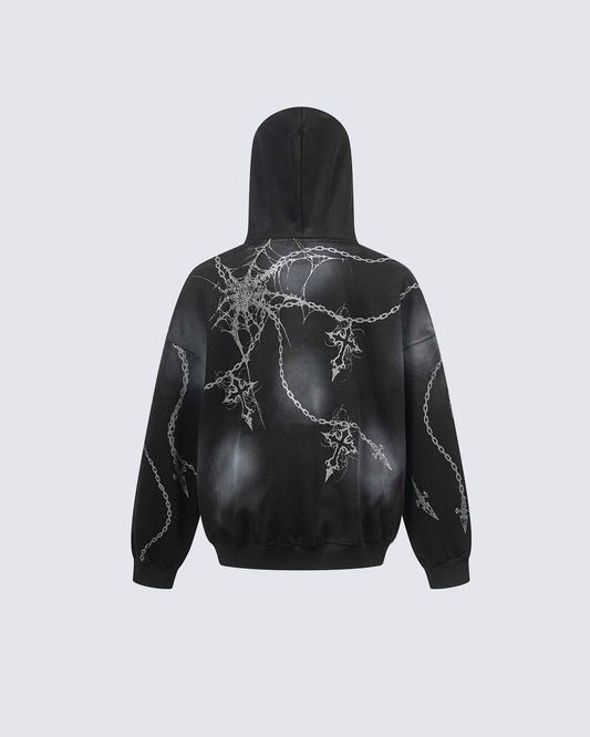 High-Street American Distressed Chain Cross Hoodie