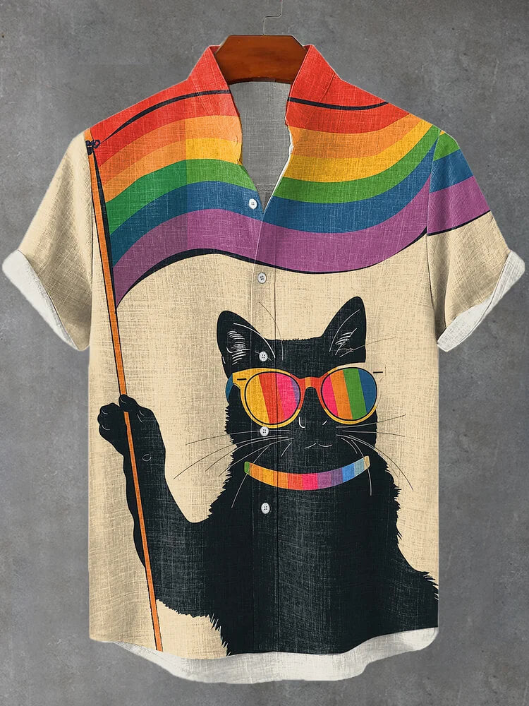 Men's Cat Love Is Love Peace Print Linen Blend Shirt