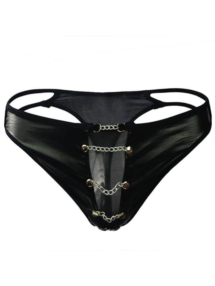 Men's Metal Chain Sexy Faux Leather Thong