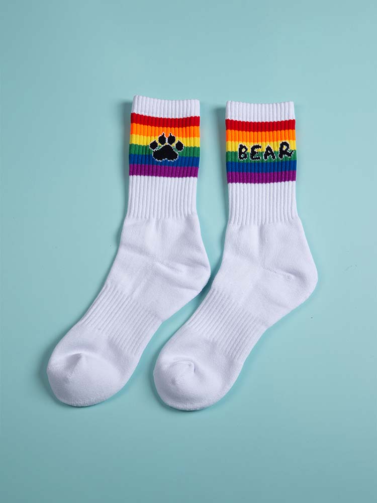 Rainbow Striped Bear Paw Print Cotton Socks