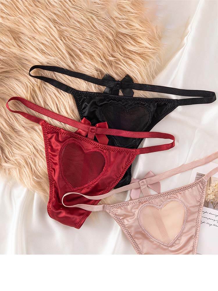 Sexy Mesh Heart-Shaped Satin Bow String Thong