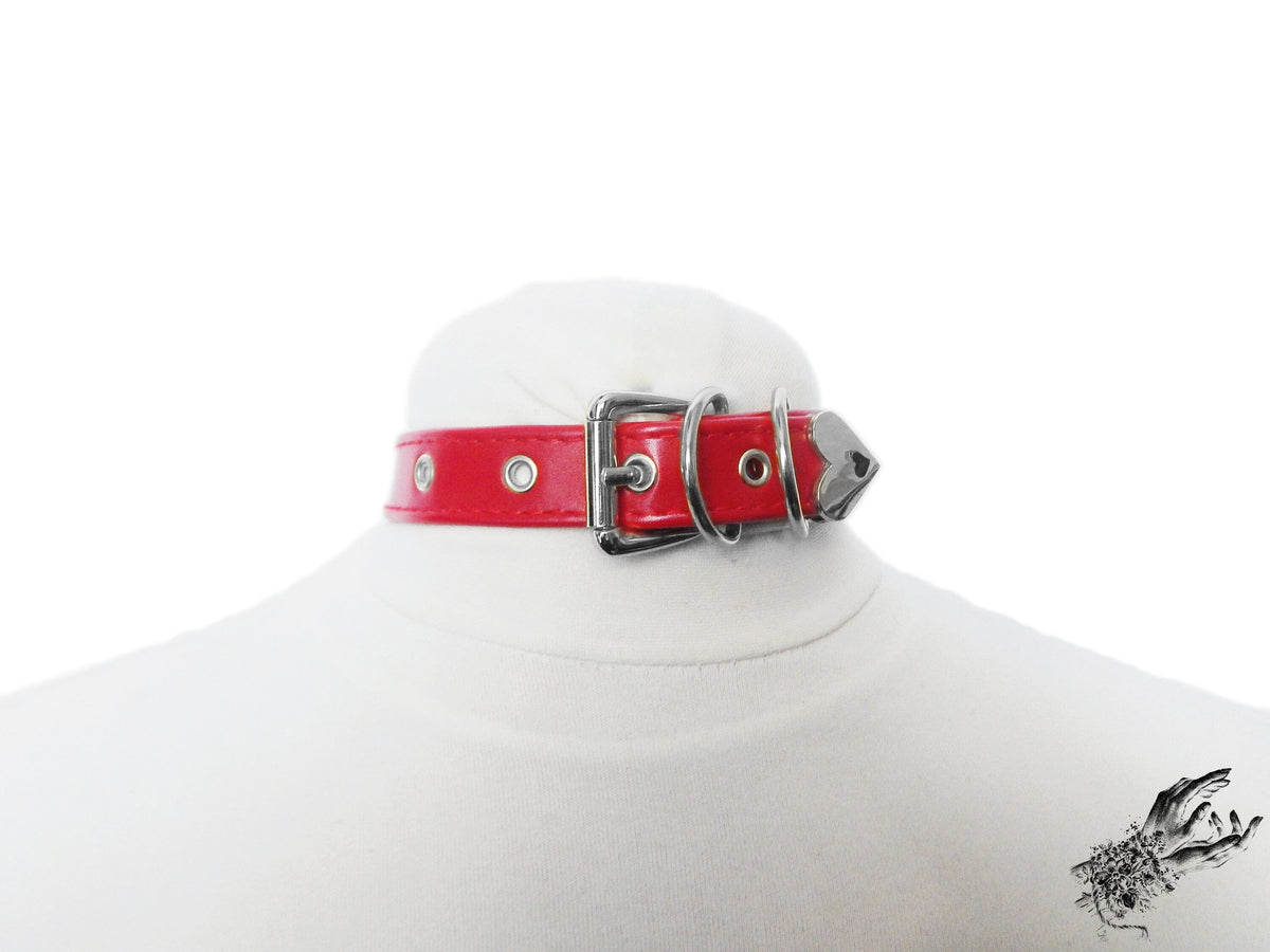 Red Faux Leather Studded Heart Padlock Choker with Key