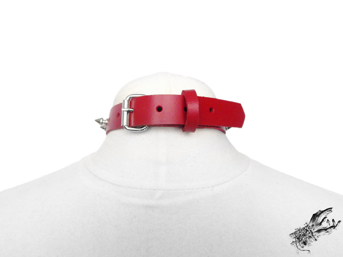 Red Leather Studded Heart Ring Choker