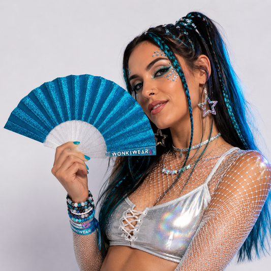 Small Folding Fan - Ocean Blue Glitter