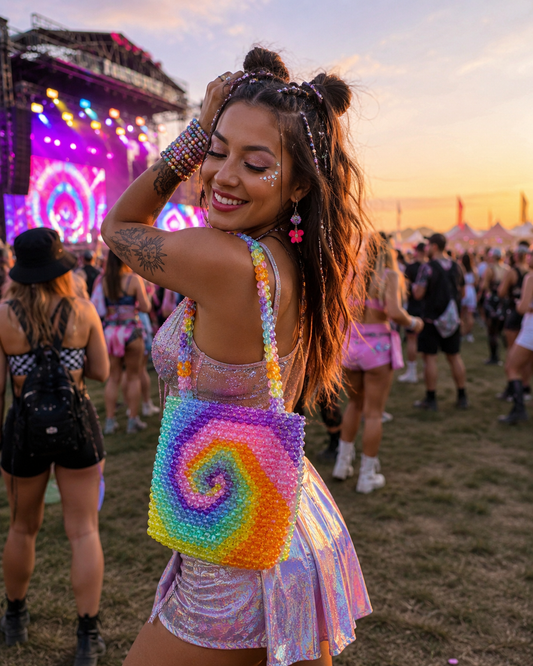 Rainbow Spiral Tie Dye Beaded Shoulder Bag