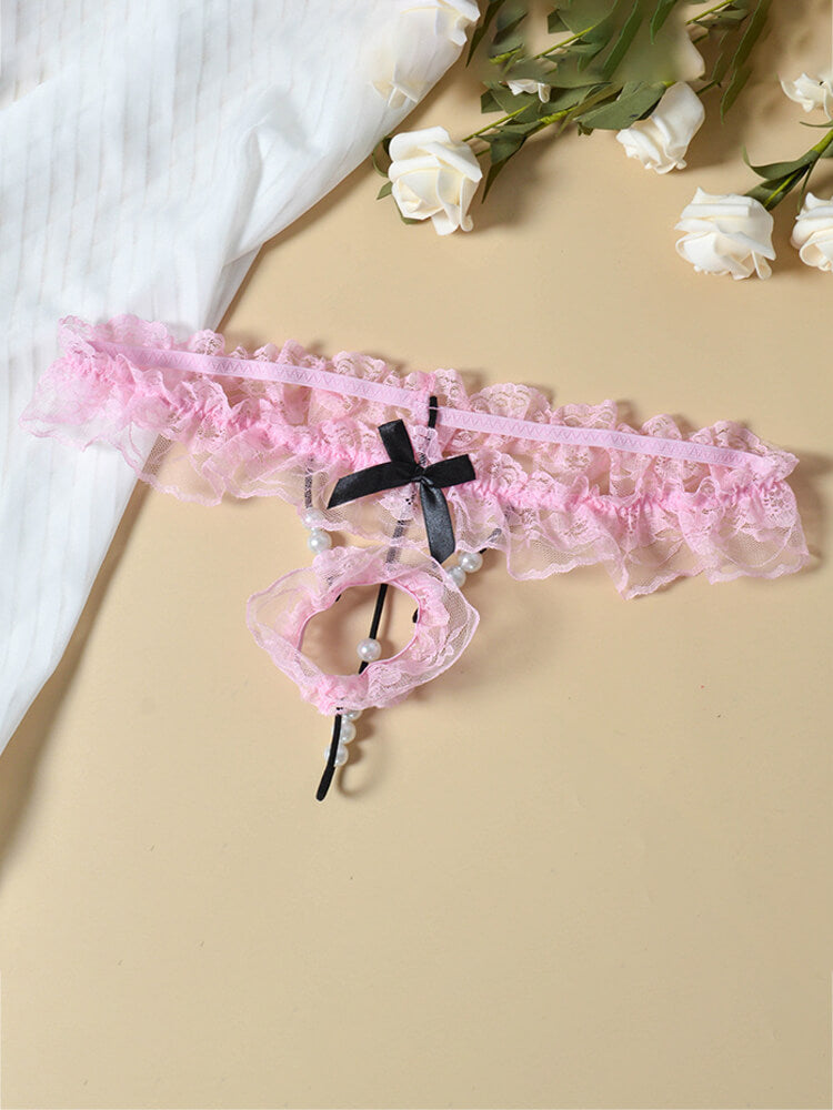 Men's Sexy Lace Trim Pearl Low-Rise Thong