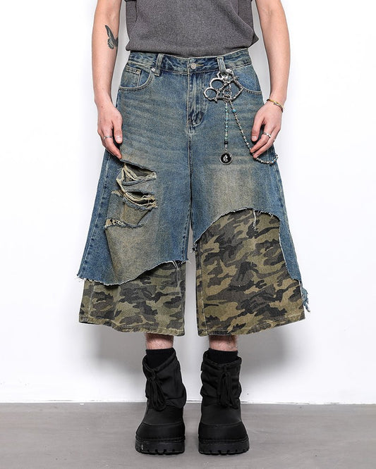 Asymmetrical Ripped Denim Shorts with Camo Layer