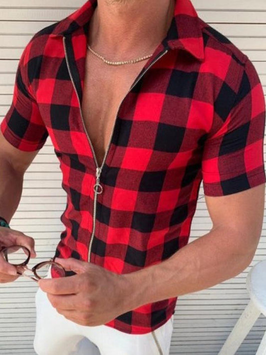 Men's Plaid Print Zip-Up Short Sleeve Shirt