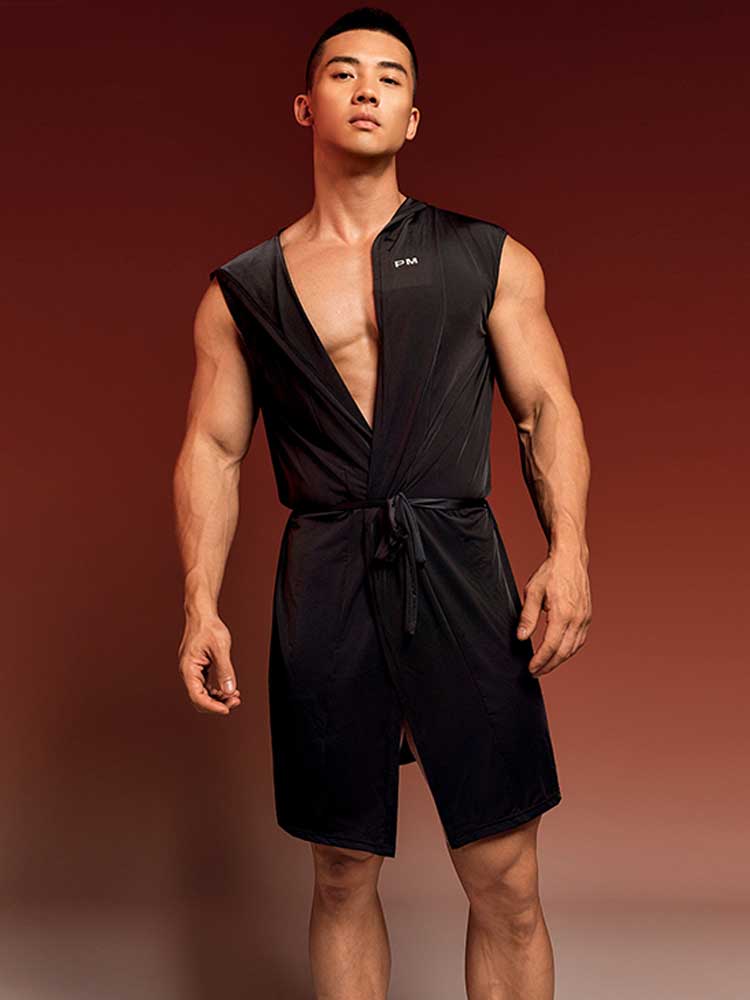 Men's Solid Quick Dry Sleeveless Hooded Bathrobe