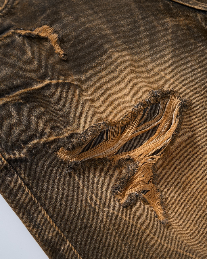 KIIKIO Wasteland Mud-Dye Distressed Denim Shorts