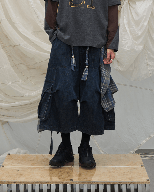 Utility Denim 3/4 Shorts with Detachable Back Flap