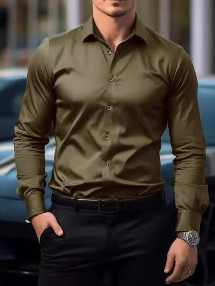 Men's Solid Color Long-Sleeved Casual Suit Shirt