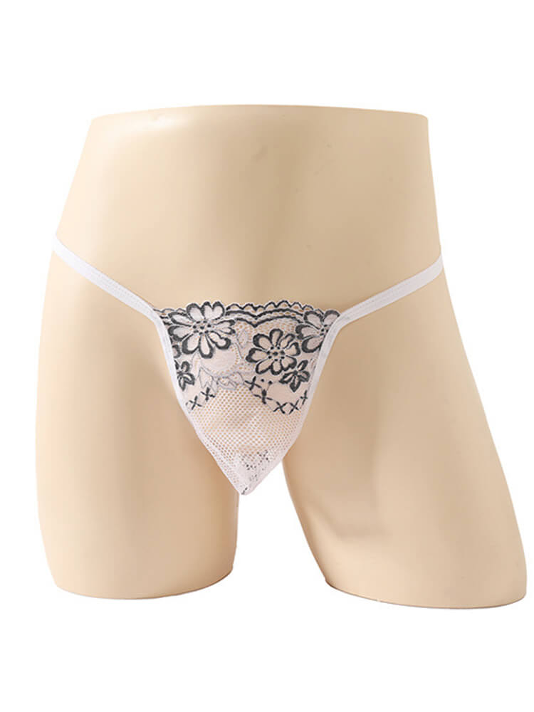 Men's Sexy Floral Embroidered Low-Rise Lace Thong