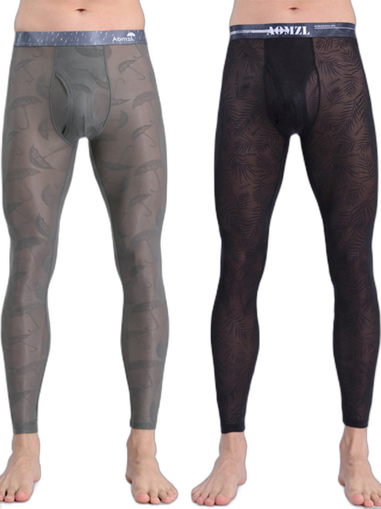 Men's Sexy Transparent Ice Silk Jacquard Seamless Tights Warm Pants