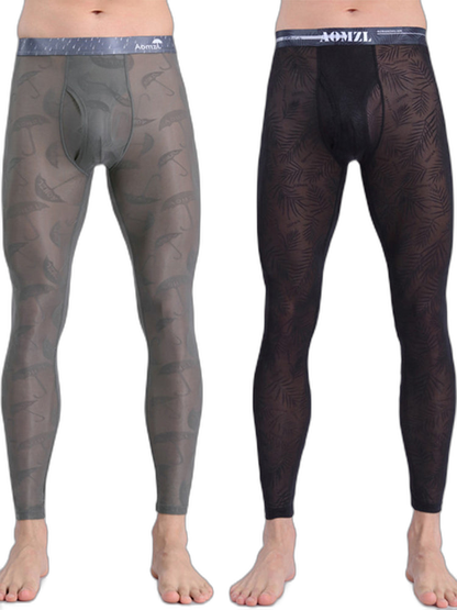 Men's Sexy Transparent Ice Silk Jacquard Seamless Tights Warm Pants
