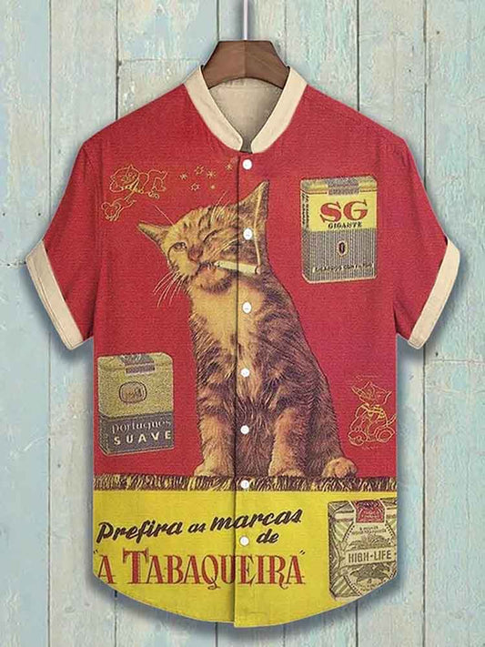 Men's Casual Cat Smoking Cigarros Print Shirt