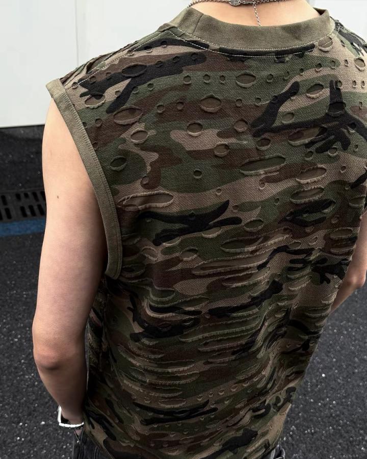 American Retro Wasteland Style Ripped Camouflage Vest