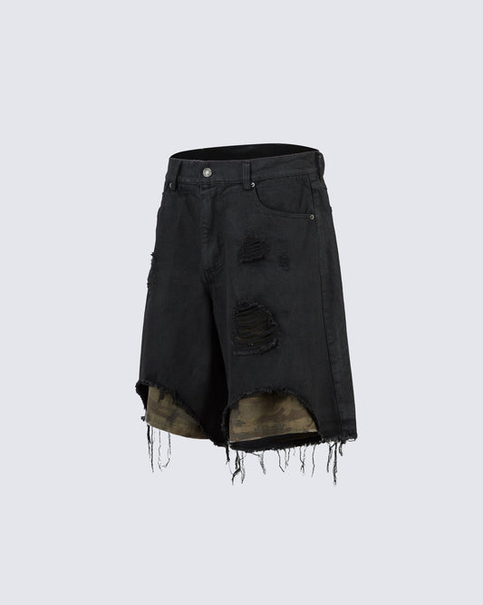 Distressed Black Denim Shorts with Camouflage Inner Layer