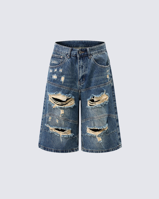 Distressed Patchwork Denim Shorts
