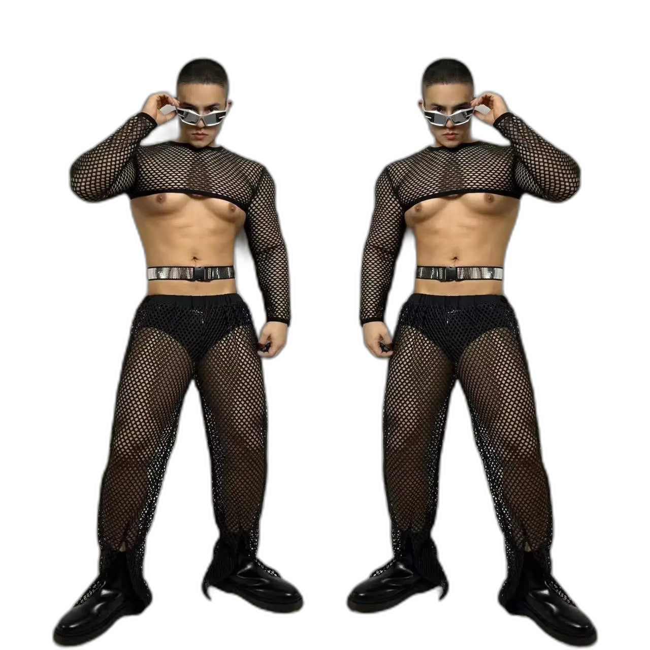 Fluorescent Fishnet See-Through Bodysuit Set
