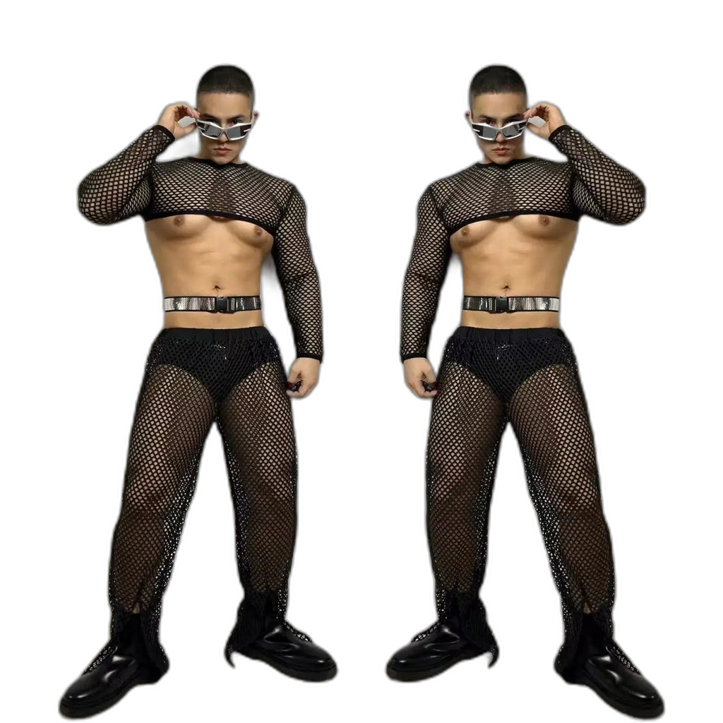 Fluorescent Fishnet See-Through Bodysuit Set