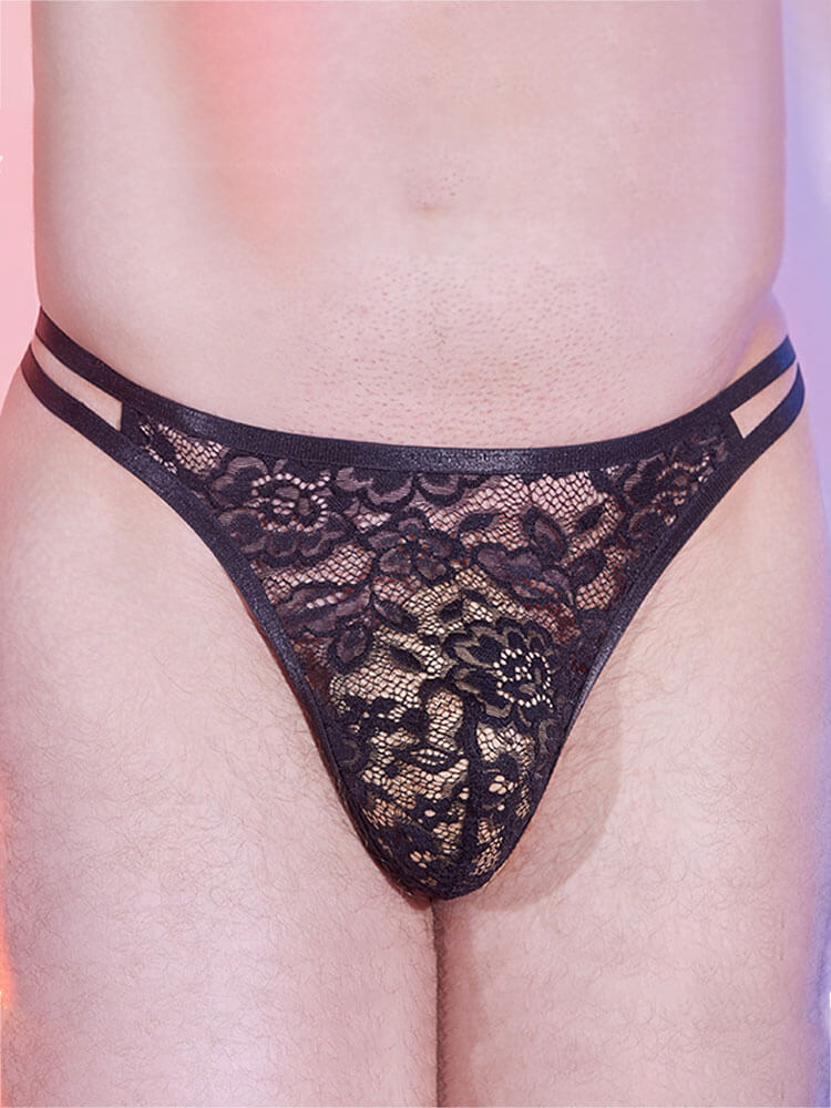 Men's Sexy Black High-Elastic Breathable Lace Thong