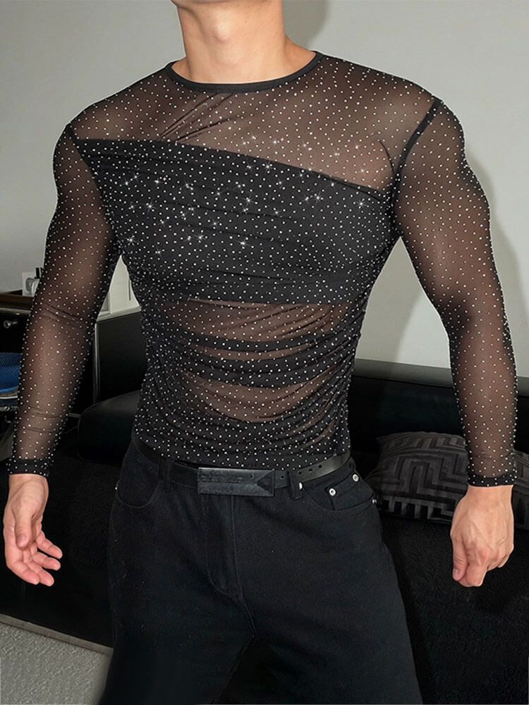 Rhinestones And Pleats Sheer Long-Sleeve Top