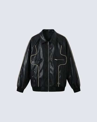 Vintage-Inspired Faux Leather Bomber Jacket
