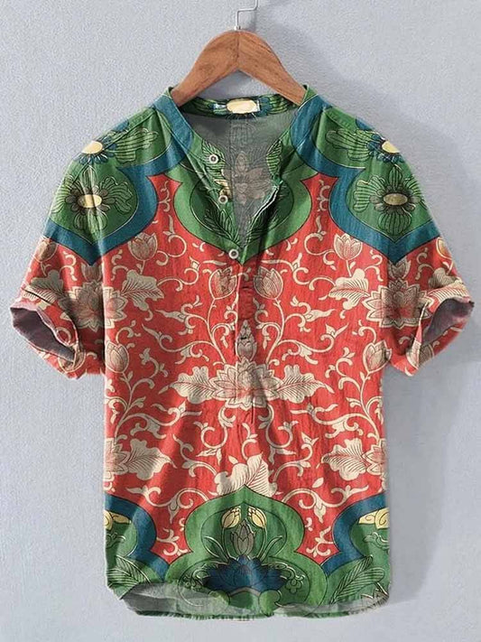 Vintage Floral Art Print Cotton Short-Sleeved Shirt
