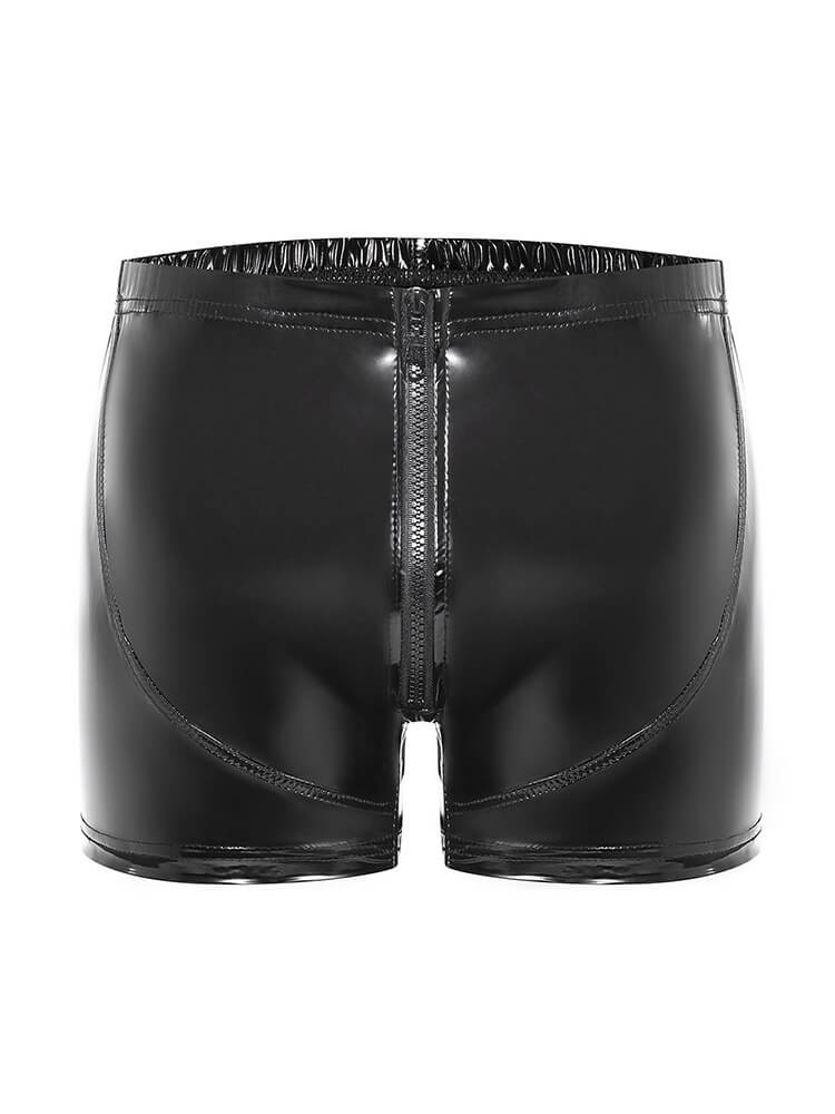 Men's Solid Color Shiny PU Leather Zipper Shorts
