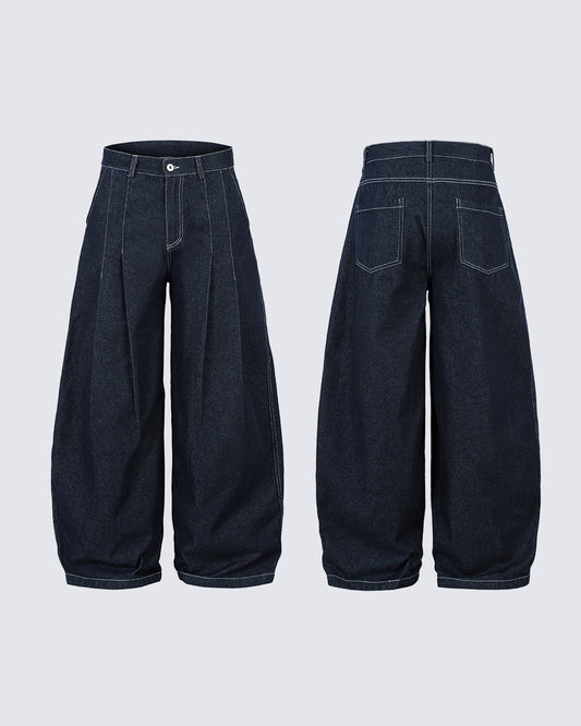 Wide-Leg Pleated Denim Trousers