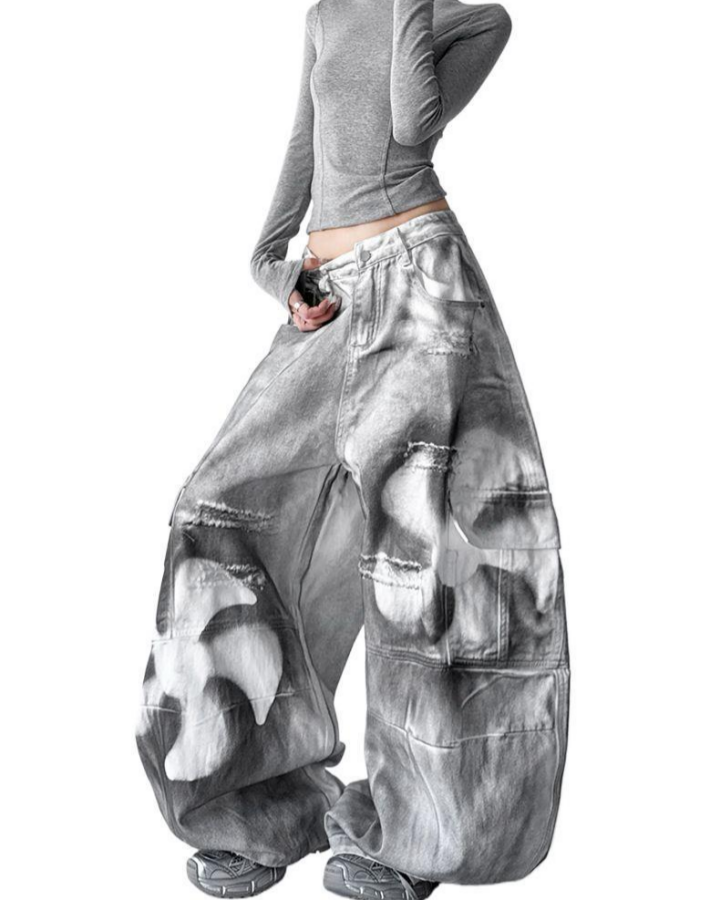 Painted Fan Design Denim Pants