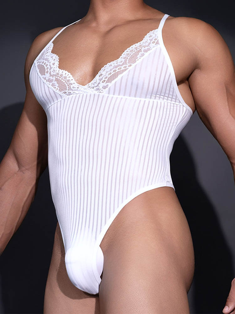 Men's Stretch Mesh Lace Sexy Suspender Bodysuit