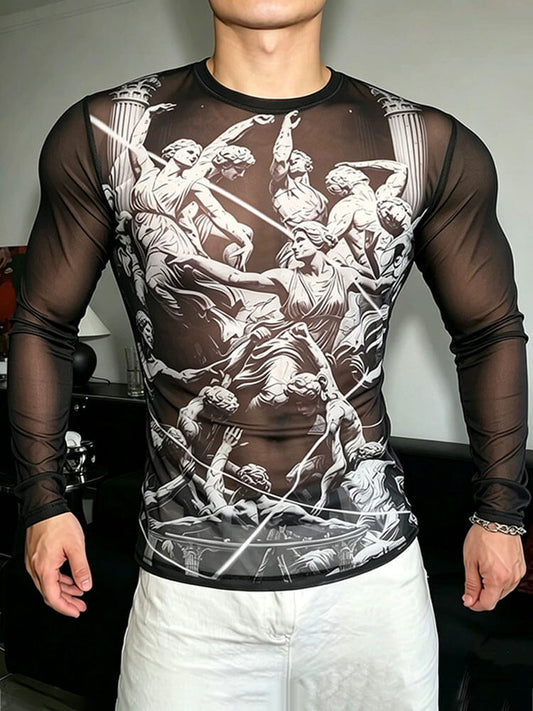 Men's Sheer Mesh Renaissance Print Long Sleeve Top
