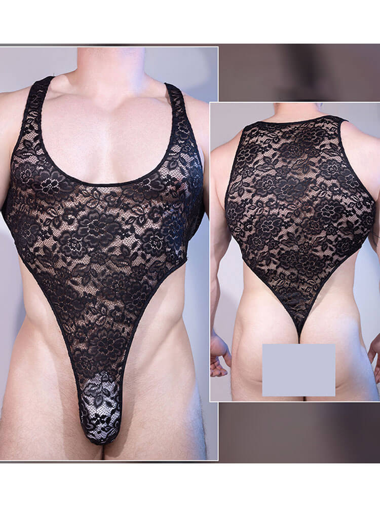 Men's Sexy Sheer Floral Lace Elastic Bodysuit