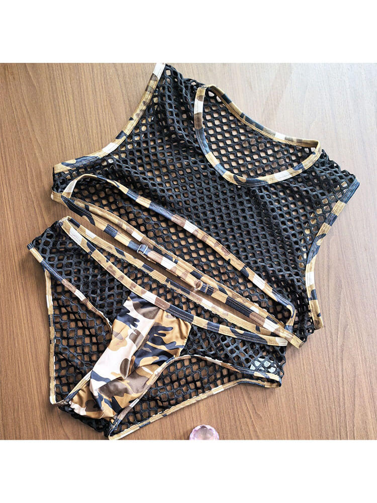 Men's Sexy Camouflage Mesh Crop Top And Briefs Set