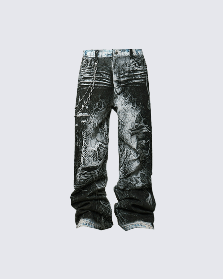 Grunge Snake Print Stacked Washed Jeans