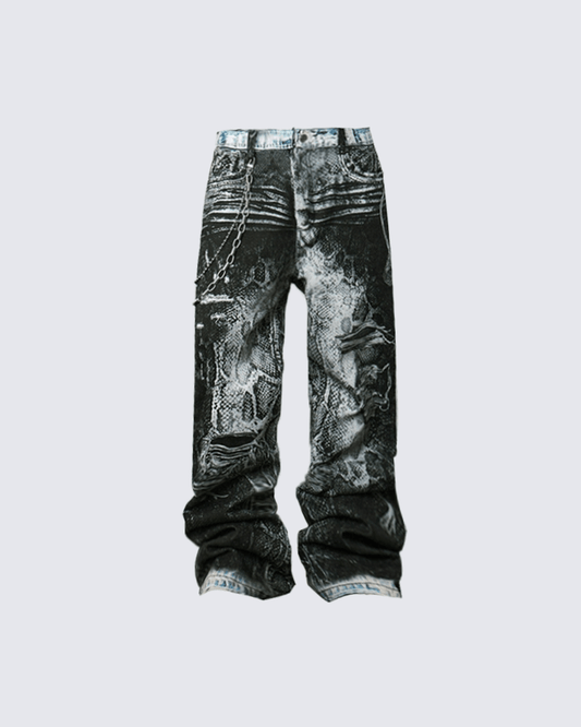 Grunge Snake Print Stacked Washed Jeans