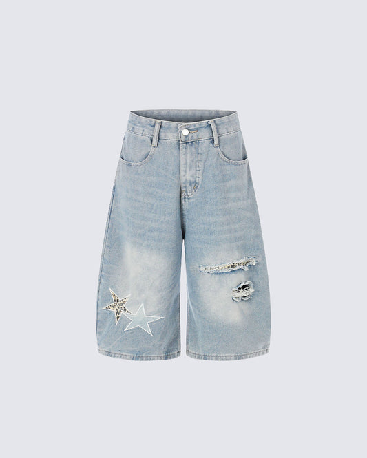 KIIKIO Y2K Star Patch Distressed Wide Denim Shorts