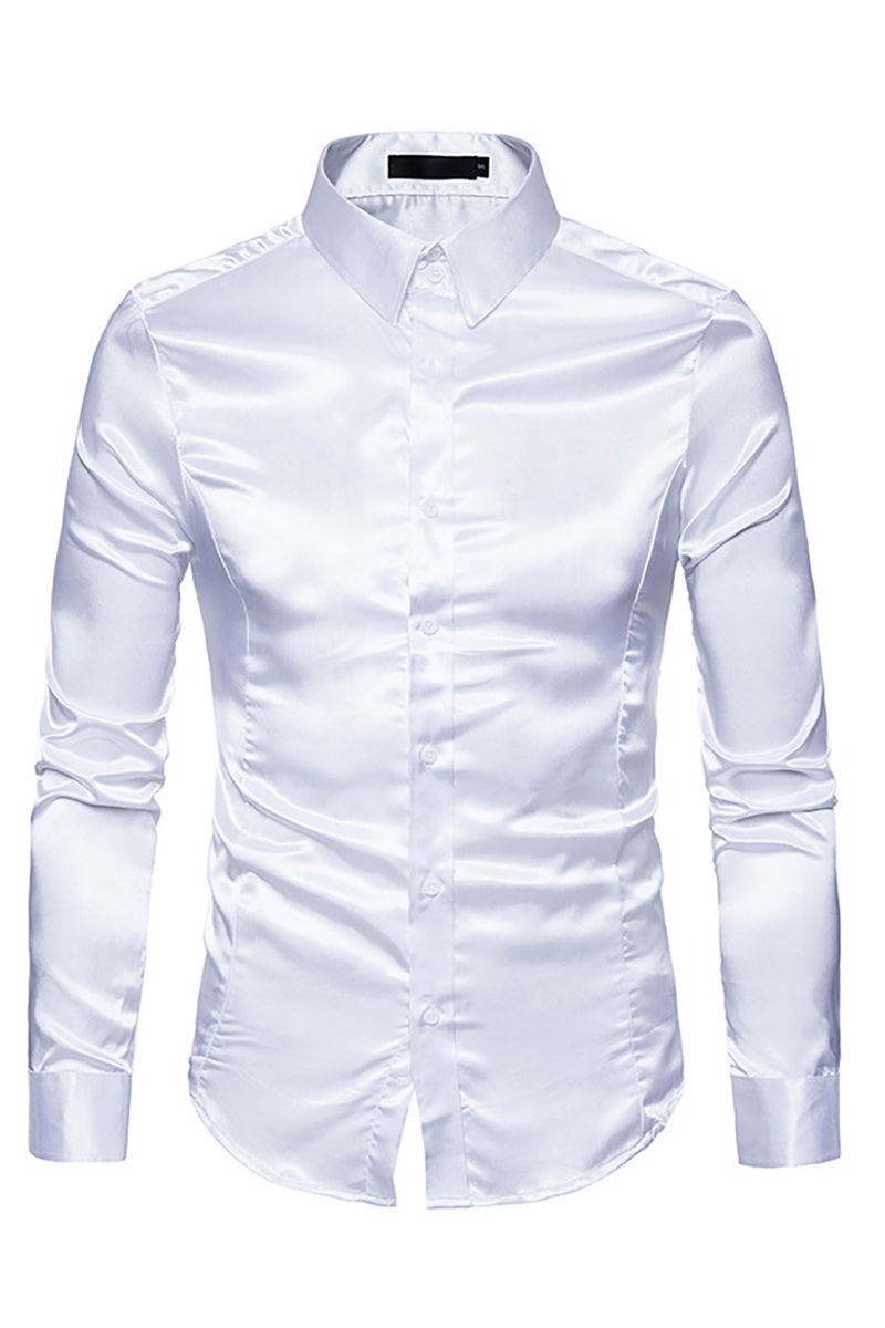 Satin Button Turndown Collar Slim Semi Formal Long Sleeve Shirt