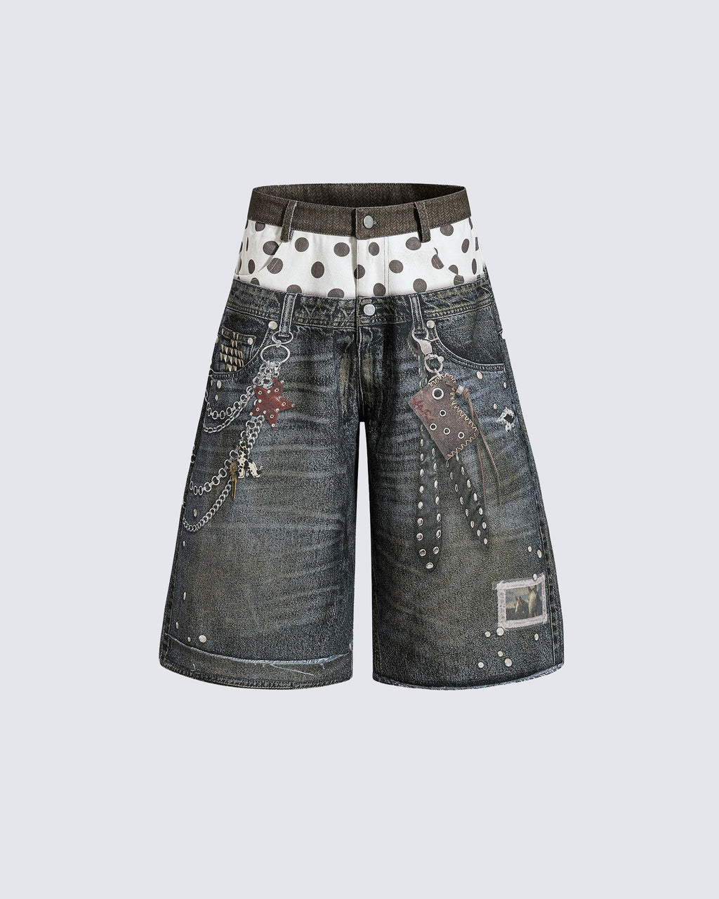 KIIKIO Retro Mixed Denim Polka Shorts