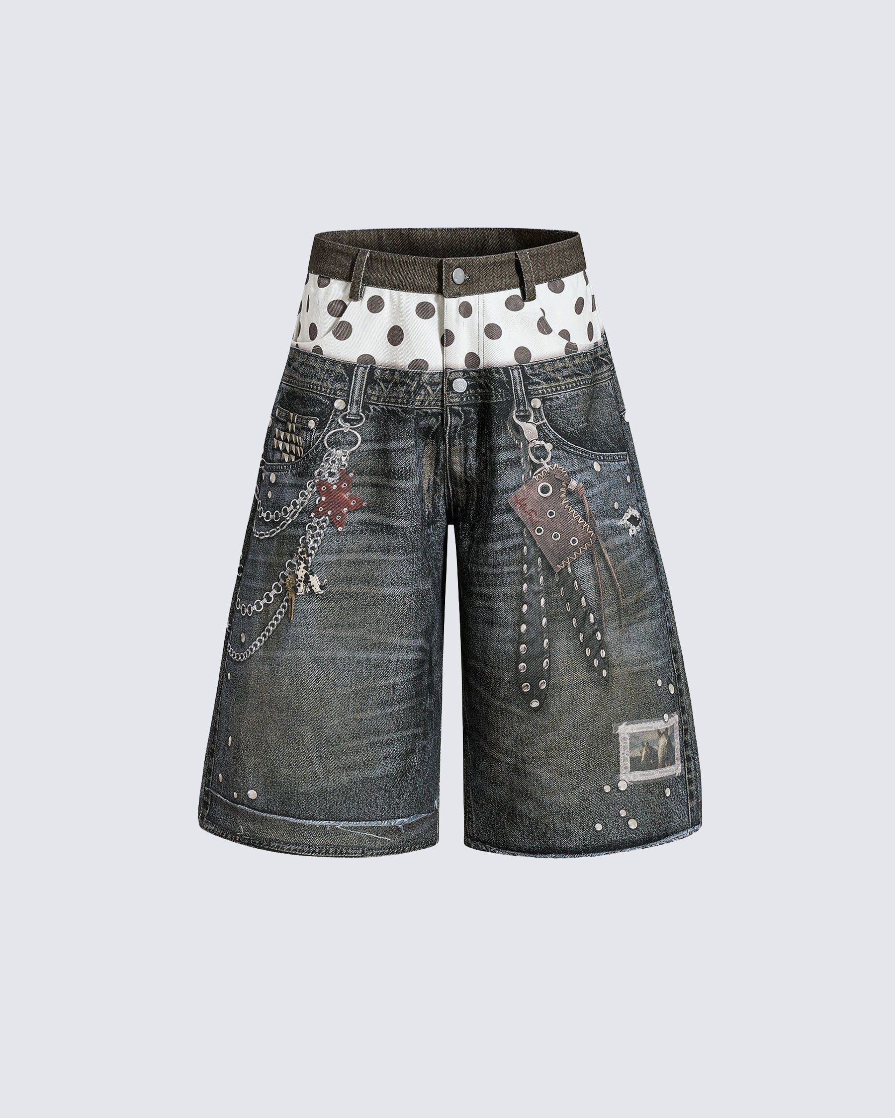 KIIKIO Retro Mixed Denim Polka Shorts