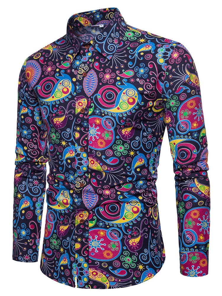 Men's Floral Patterns Printed Long-Sleeve Shirt 