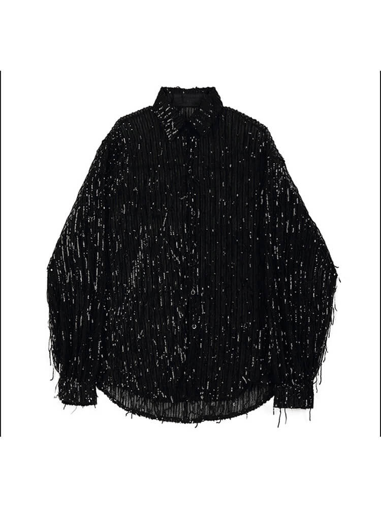 Men's Fashion Solid Color Sequined Tassel Shirt