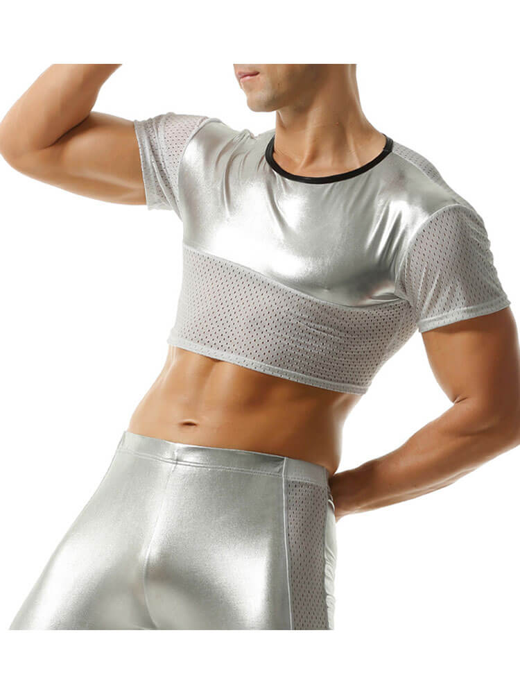 Men's Shiny Mesh Short Top And Boxer Briefs Set