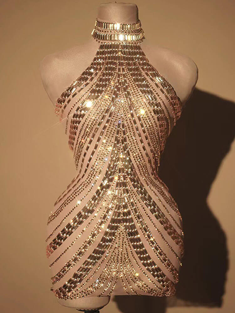 Sexy Sparkly Rhinestone Halter Neck Short Dress