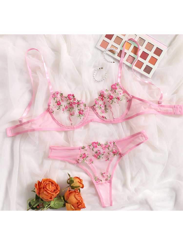 Men's Sexy Floral See-Through Mesh Bra Briefs Set