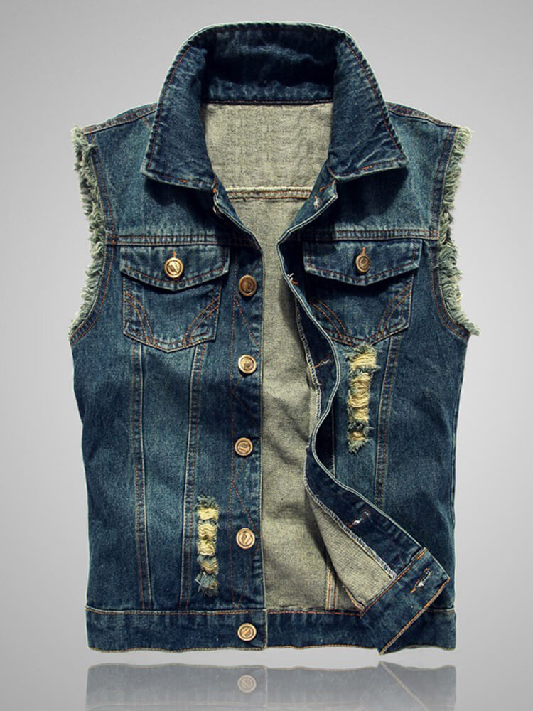 Men's Retro Frayed Ripped Denim Vest Jacket