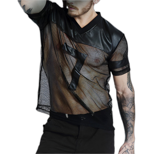 Mesh Leather Football V-Neck Tee